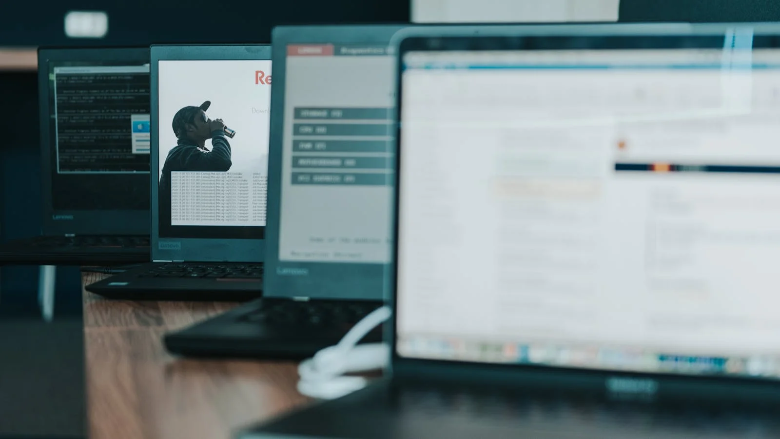 Fileira de laptops em um escritório, gerenciamento de frota de dispositivos